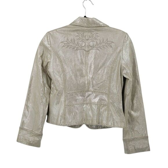 WHBM Metallic Gold Western Genuine Leather Bolero Jacket 6 Patch Work Embossed - Picture 2 of 15